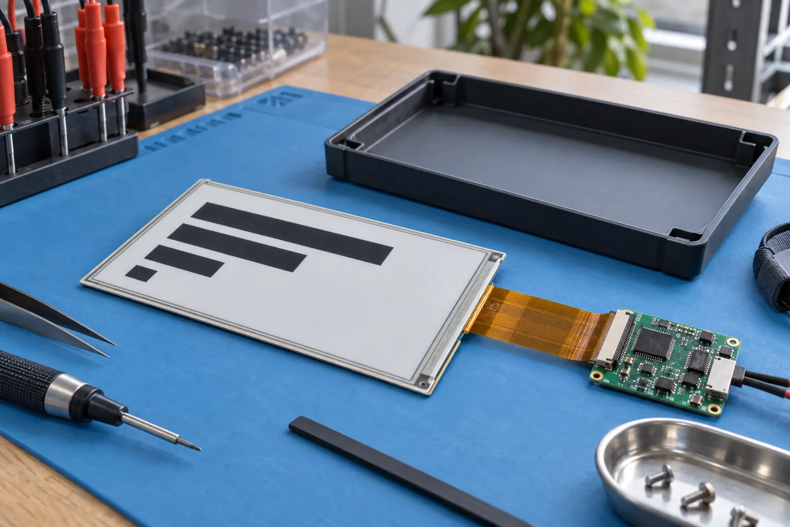 E-paper module, flexible cable and controller board on an engineering bench