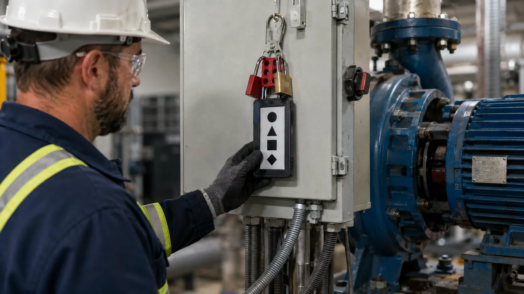 Maintenance technician using e-paper lockout status tag on industrial pump motor control cabinet