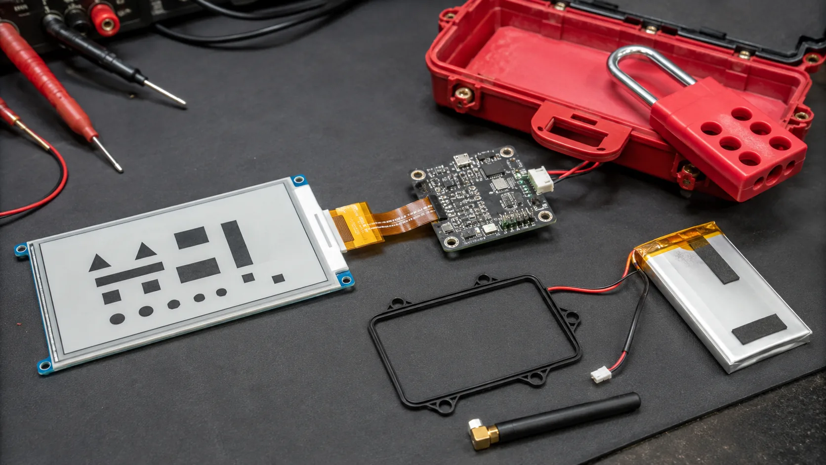 E-paper module controller battery enclosure and lockout hardware on industrial OEM validation bench