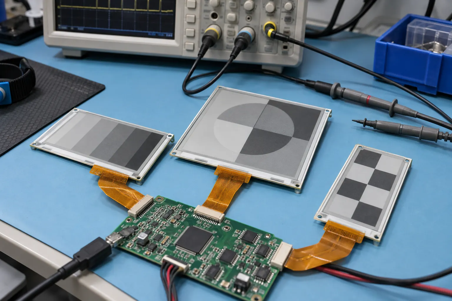 E-paper display modules and controller board on an engineering validation bench