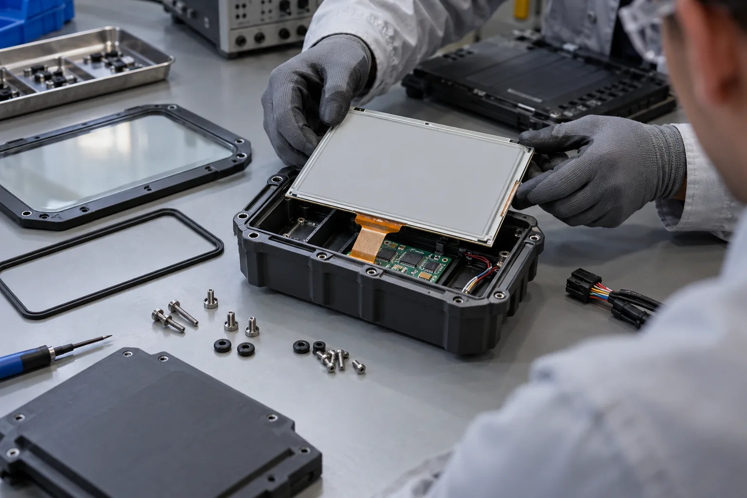 E-paper module, controller and protective enclosure assembled on an industrial engineering bench