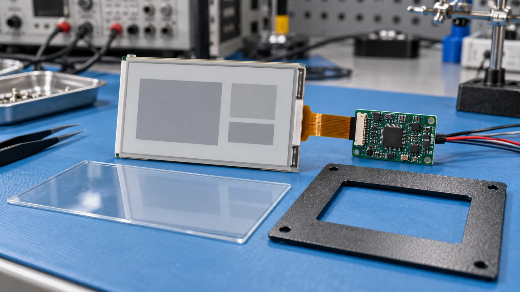 E-paper display module, controller board, flex cable and front panel parts on an industrial engineering bench