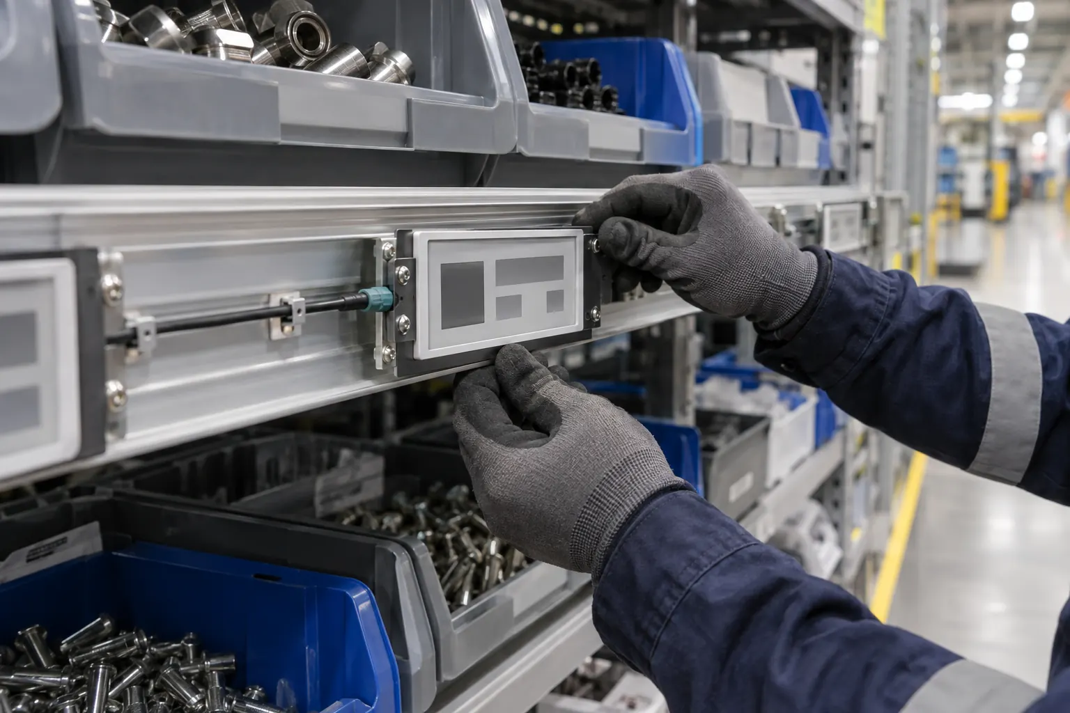 Rugged e-paper module installed on an industrial parts-picking rail