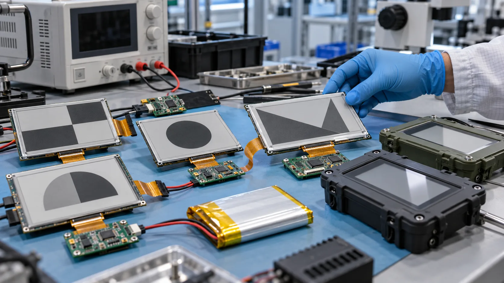 E-paper display modules, controller boards, battery and rugged enclosure samples on an industrial validation bench
