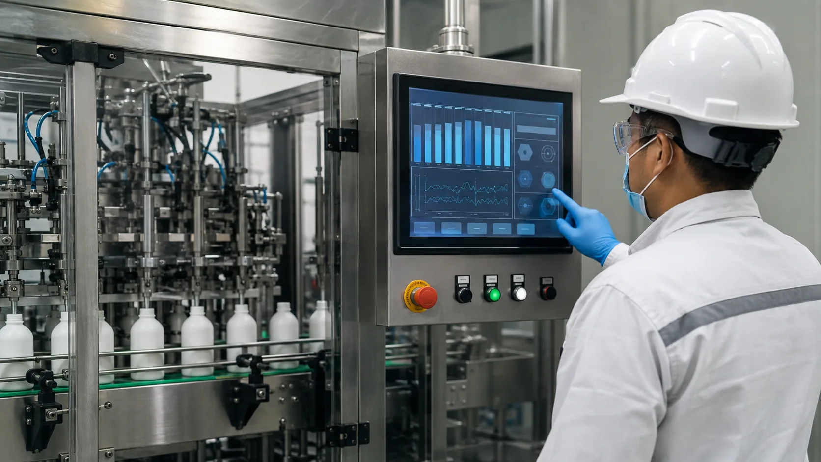 Technician operating TFT LCD HMI on industrial filling and packaging line