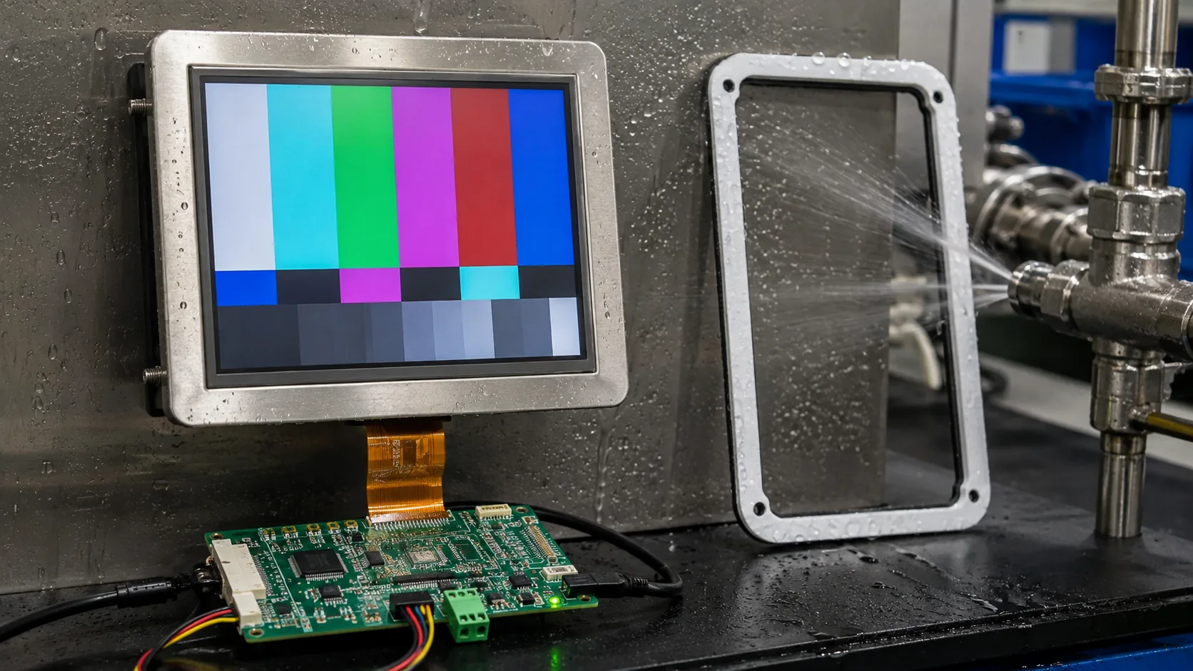 Industrial TFT LCD module and sealing bezel in washdown validation fixture
