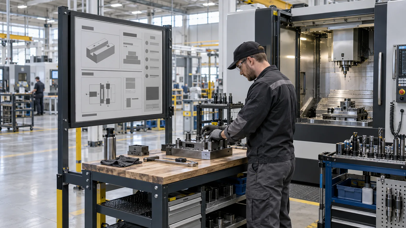 Technician using a large e-paper work-instruction display beside industrial tooling and a machining cell
