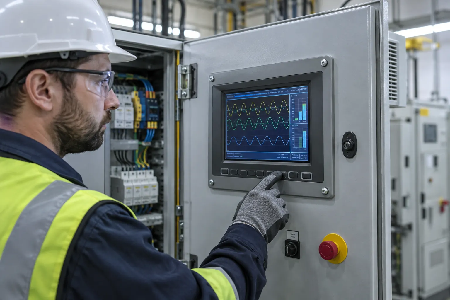 Rugged TFT LCD control panel installed in an industrial electrical cabinet