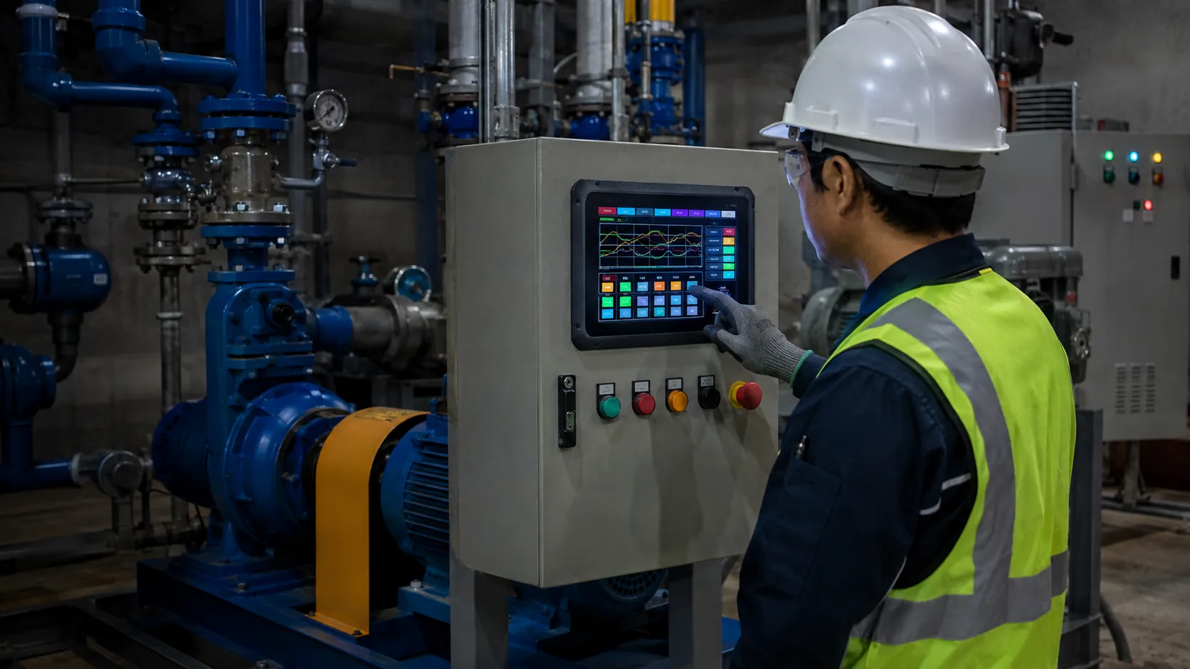 Operator using color TFT LCD touch HMI on industrial pump control panel