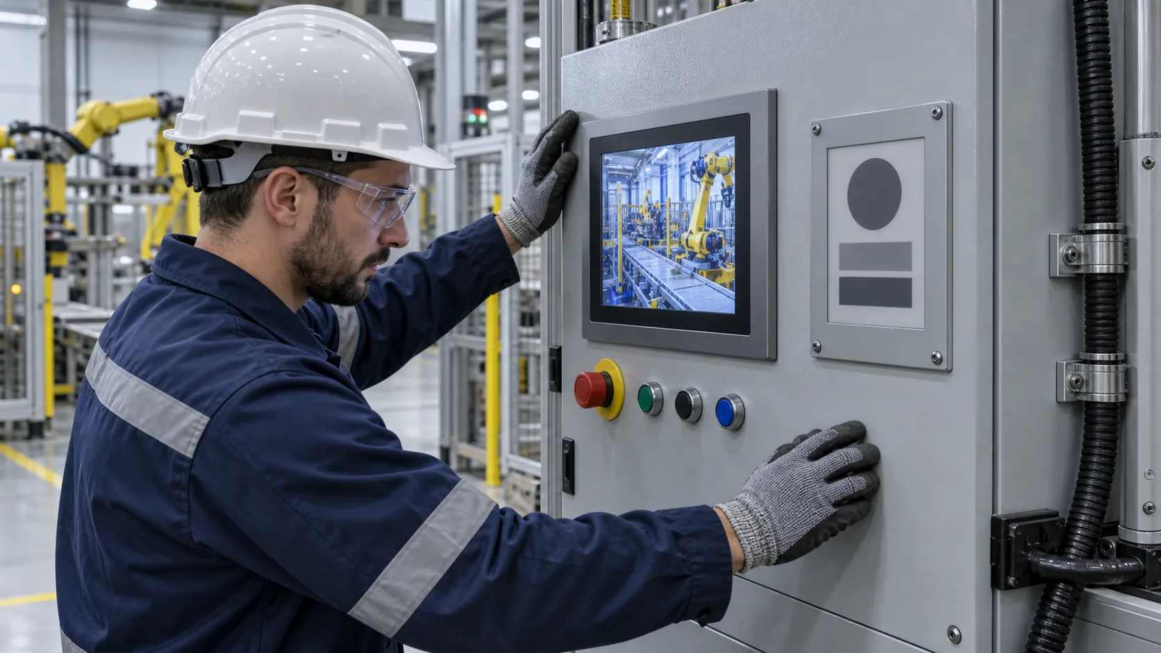 Technician reviewing TFT LCD HMI and e-paper service status display on an industrial control cabinet