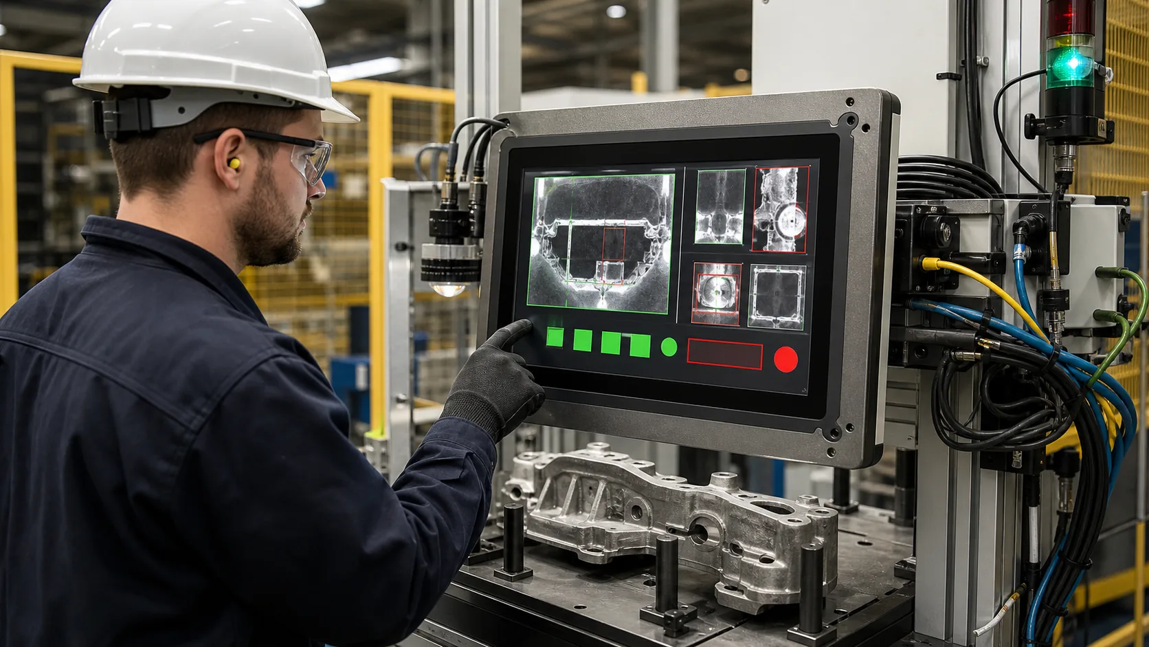 Technician using rugged TFT LCD HMI at industrial inspection machine