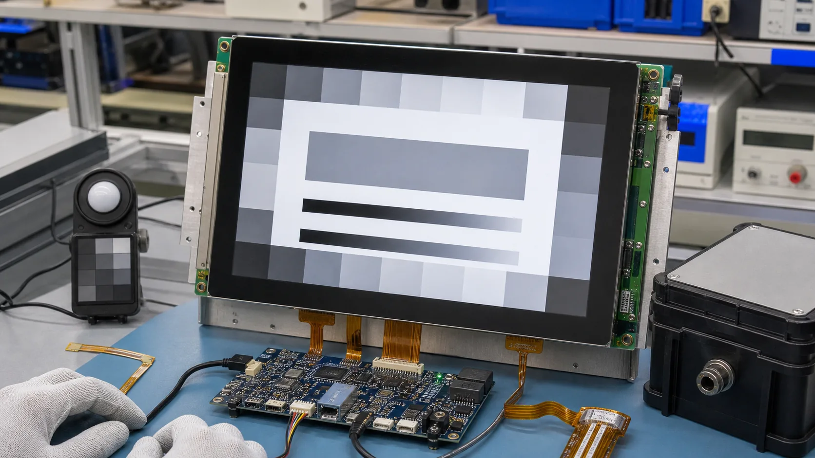IPS TFT LCD module with grayscale targets and controller board on industrial validation bench