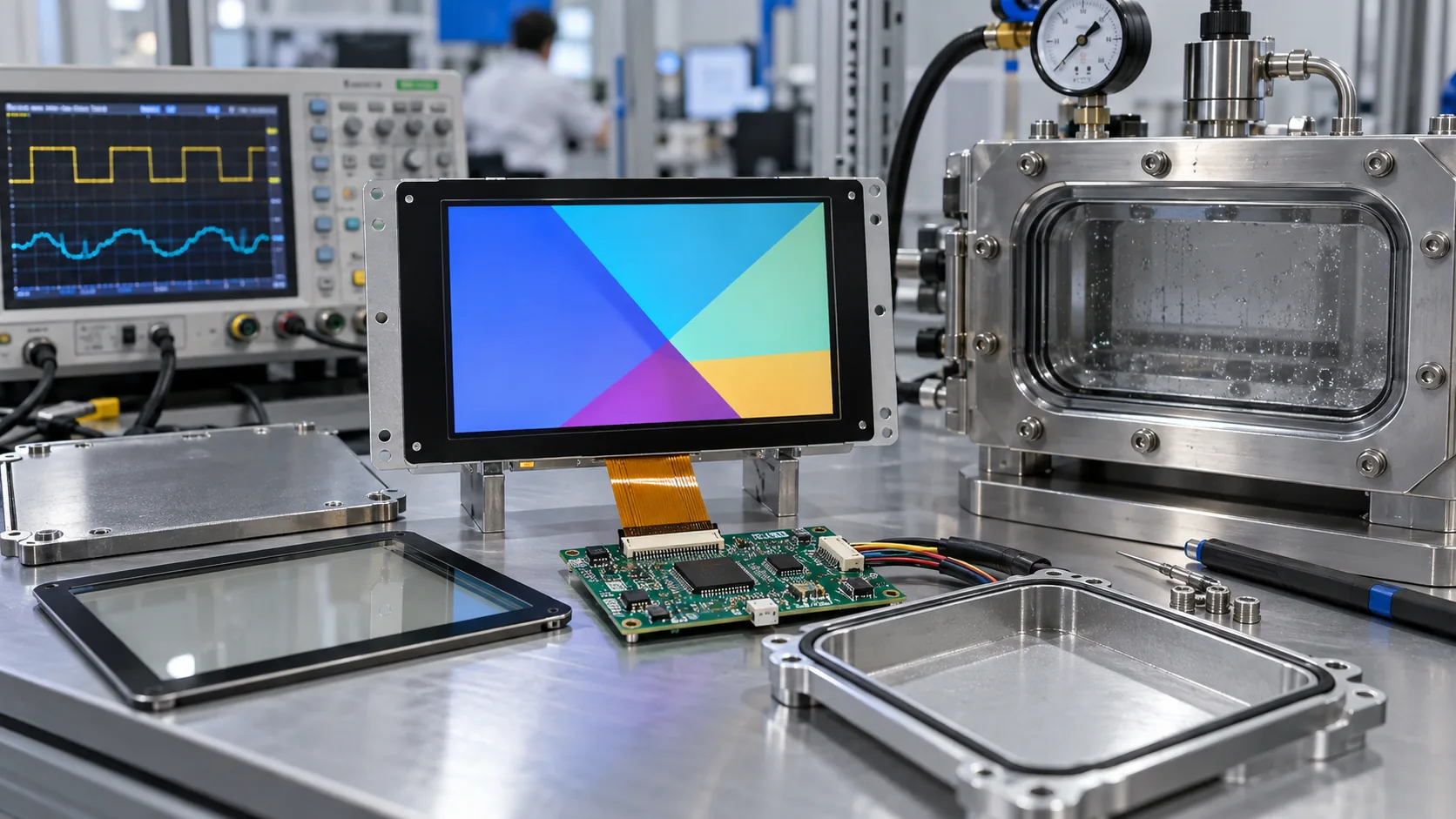 Industrial TFT LCD module and controller hardware on leak testing equipment validation bench