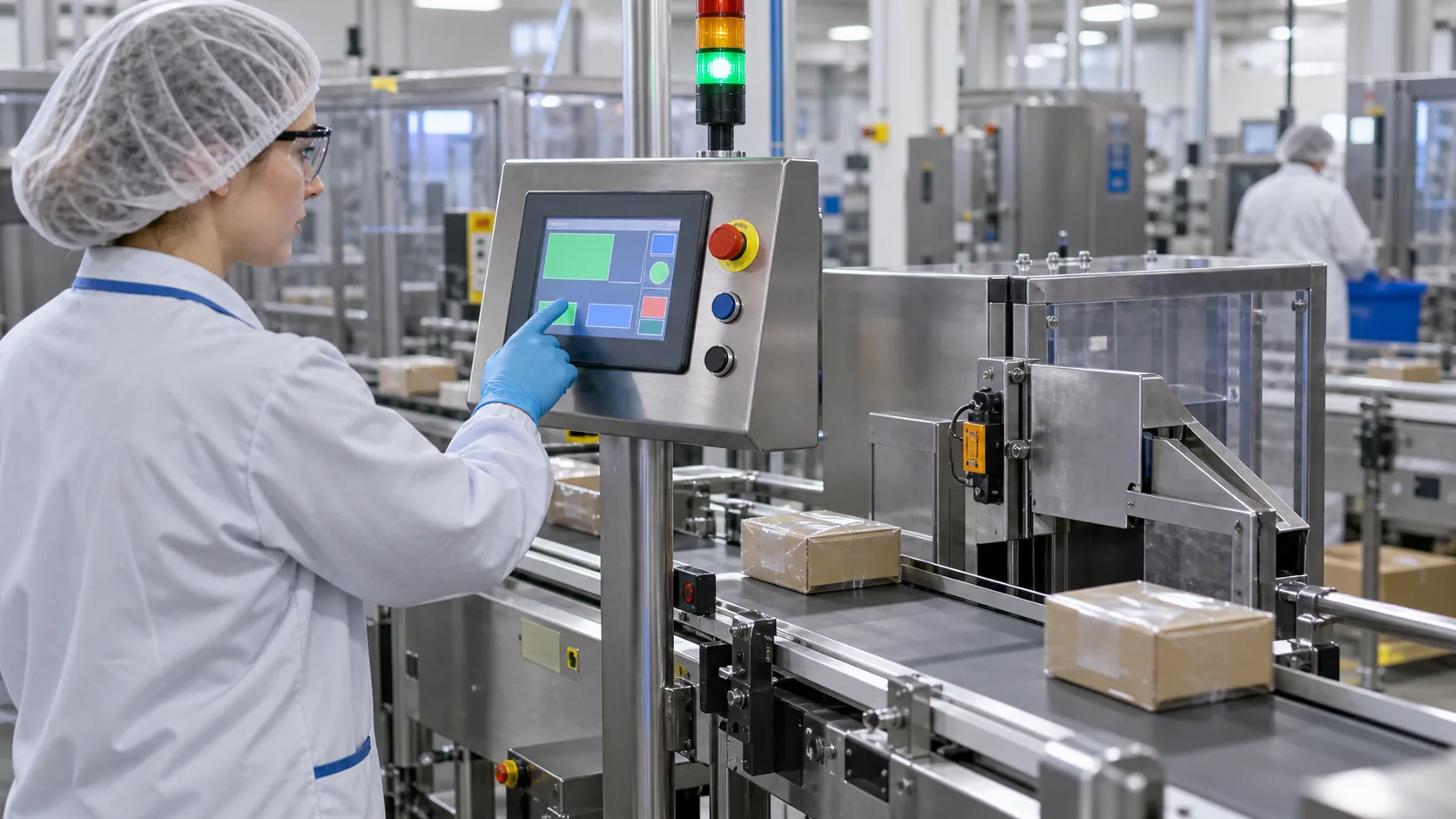 Factory operator using a TFT LCD HMI on industrial checkweighing and sorting equipment