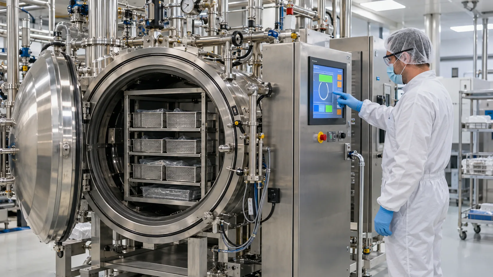 Technician using TFT LCD HMI beside industrial sterilization chamber
