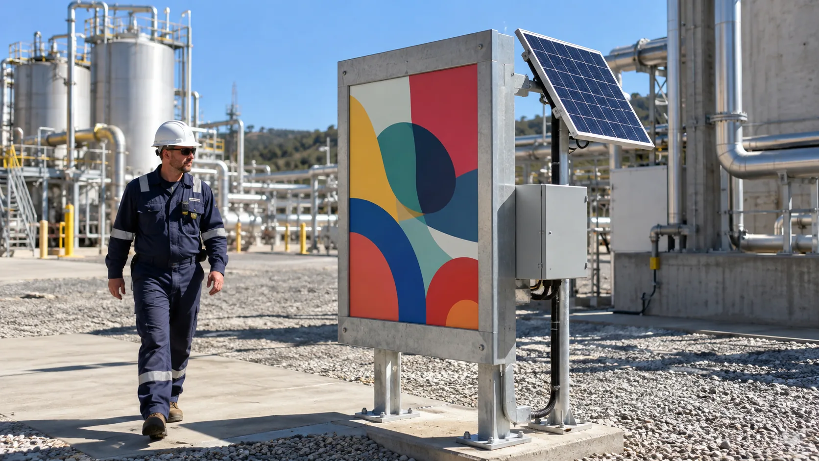 Solar-assisted full-color e-paper information display beside industrial process equipment in direct sunlight
