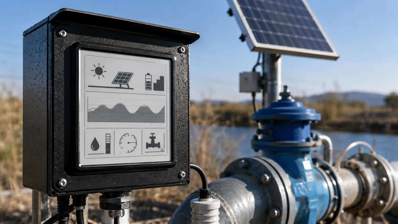 Solar-powered industrial field device using e-paper display module beside water pipeline