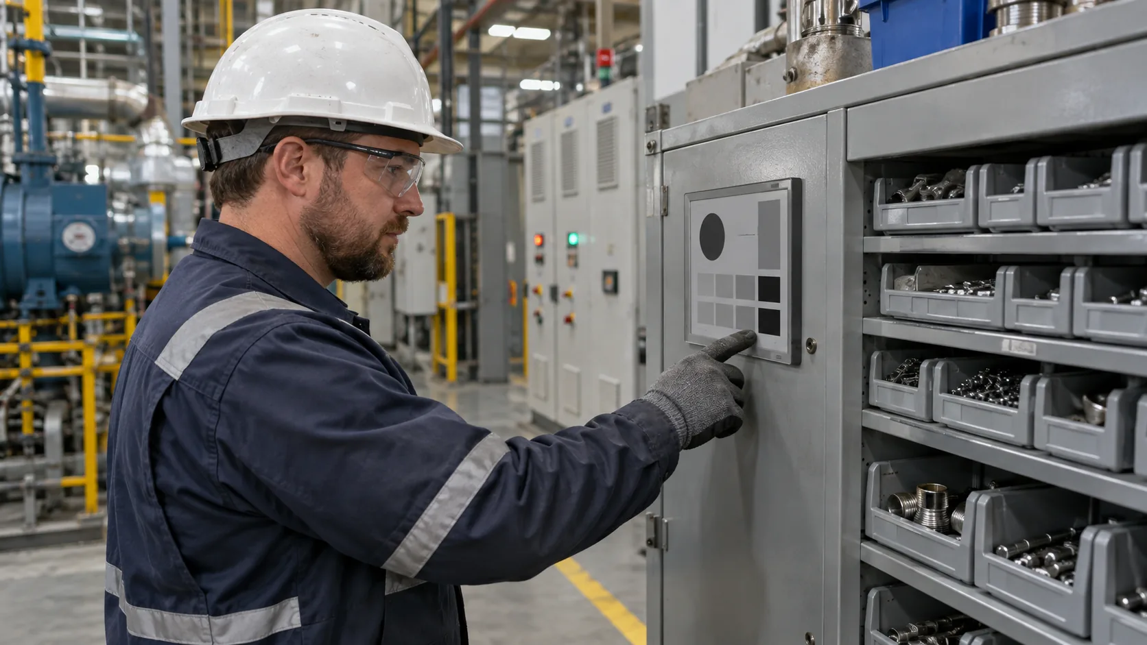 Maintenance technician using e-paper status display on an industrial spare parts cabinet