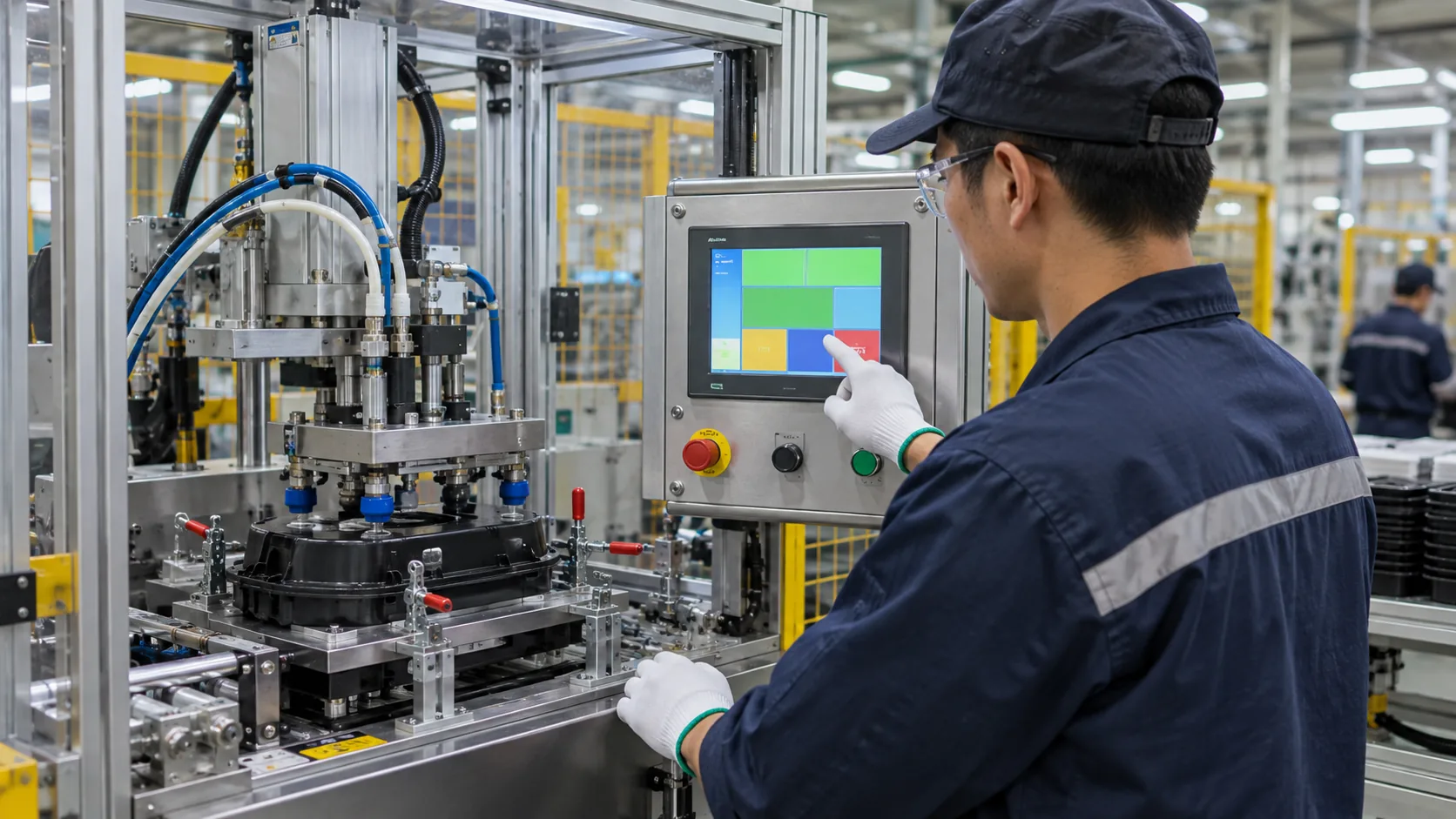 Quality technician operating TFT LCD HMI on industrial leak test machine