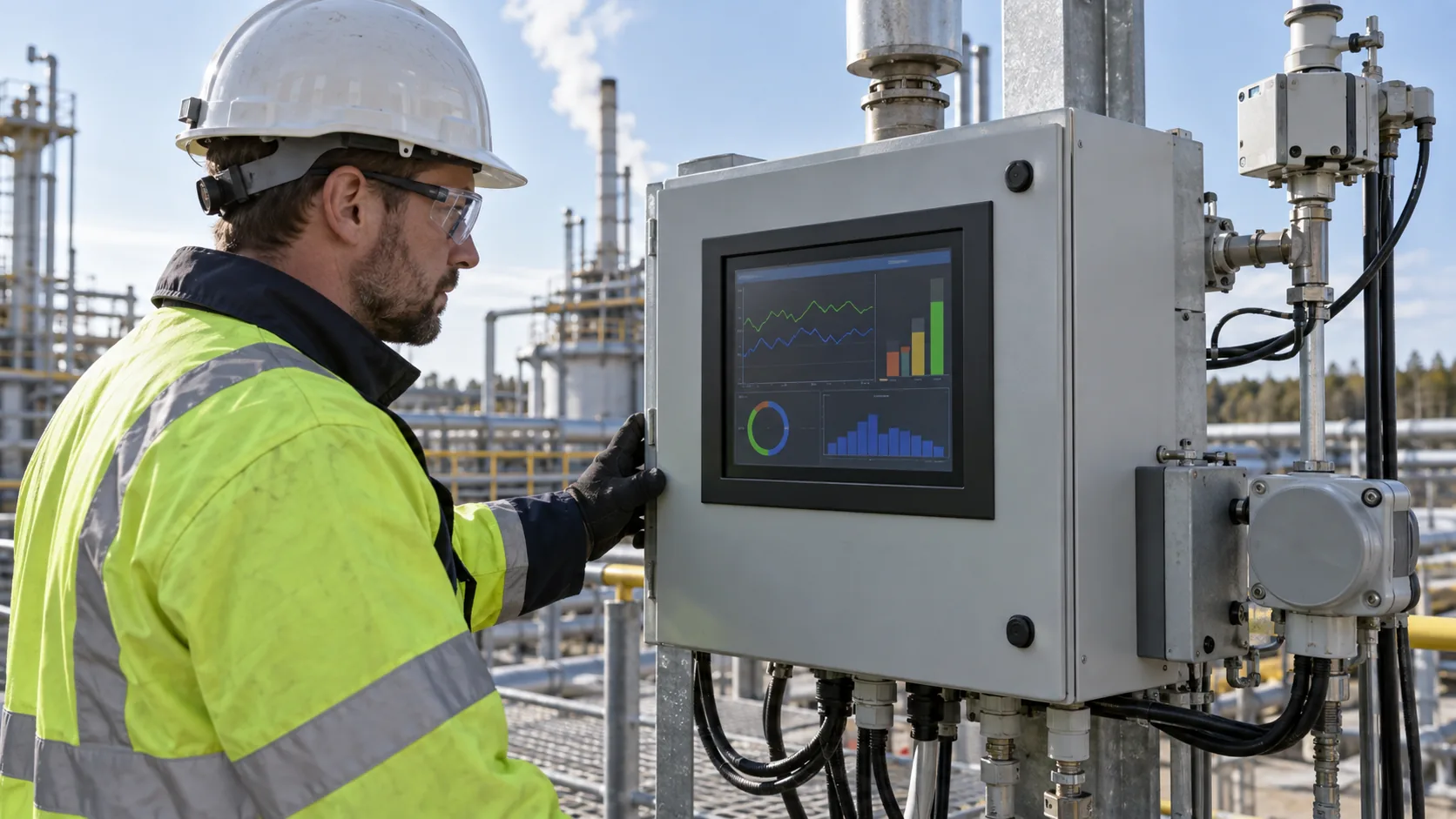 Maintenance technician inspecting a TFT LCD HMI on an outdoor industrial environmental monitoring cabinet