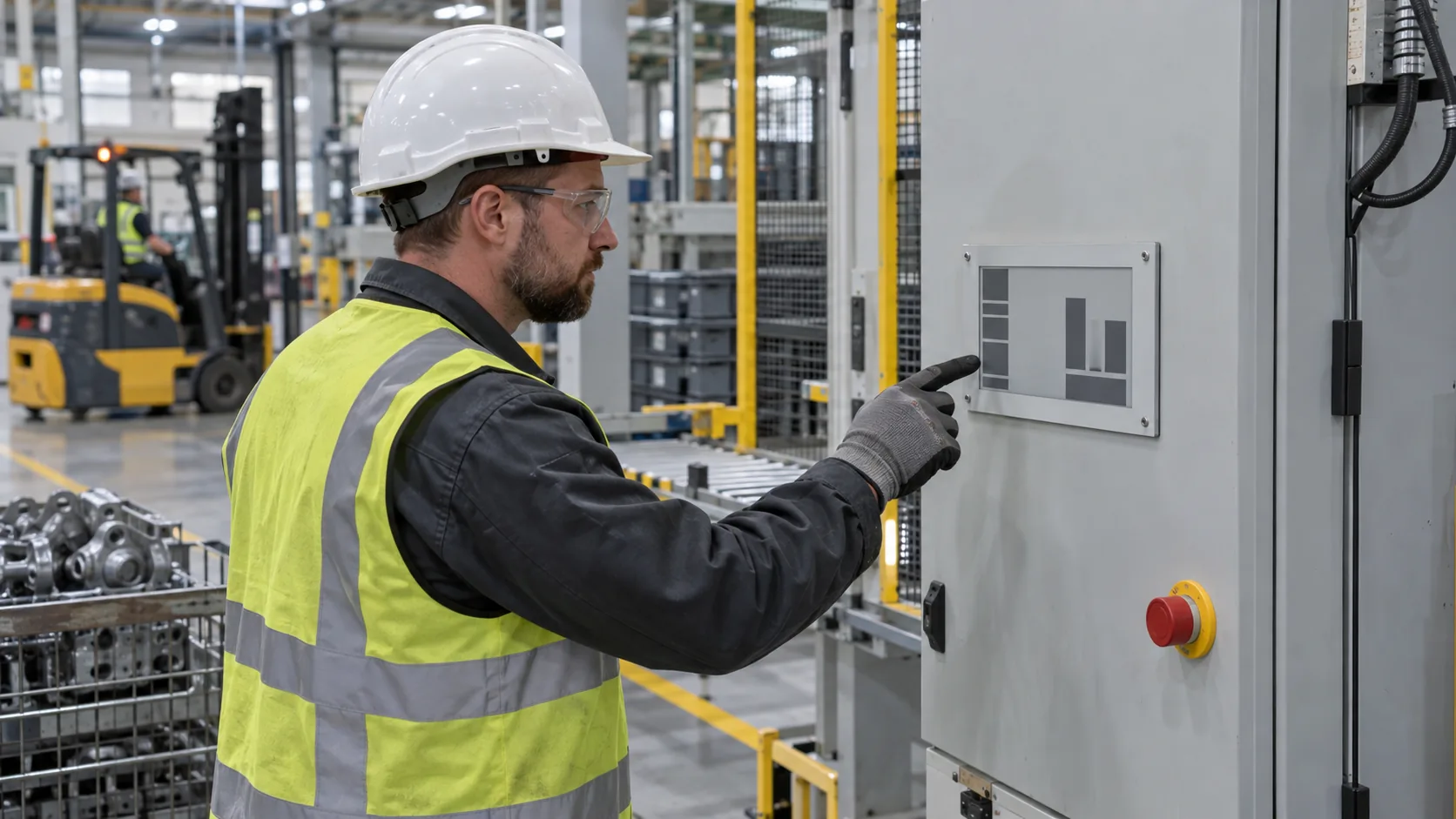 Technician using a low-power e-paper status display on industrial equipment