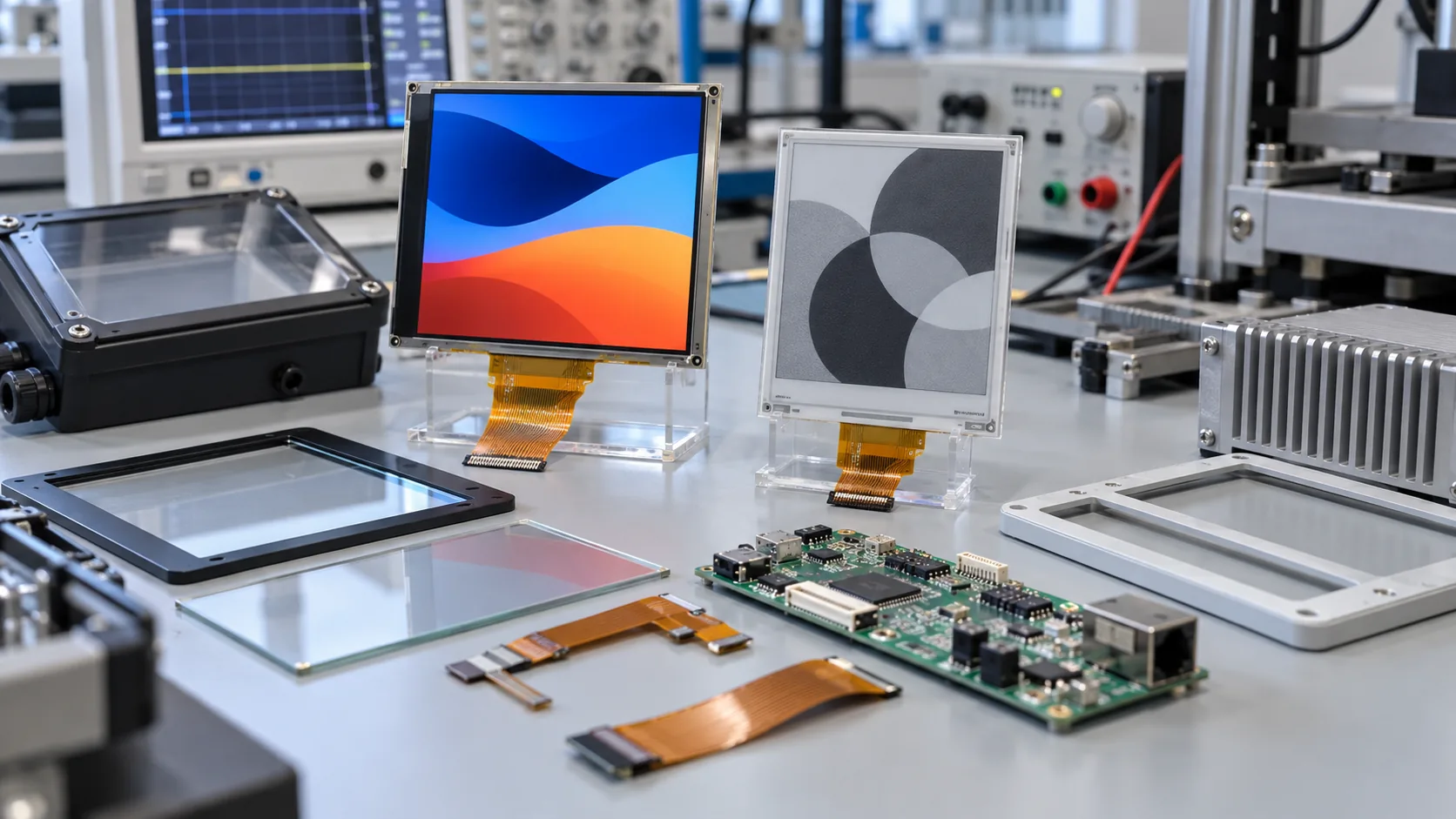 TFT LCD module and e-paper module with controller boards and enclosure parts on an OEM integration bench
