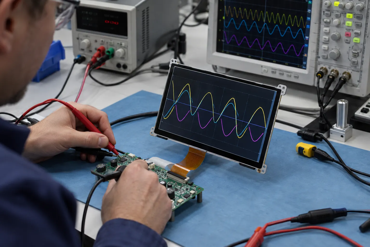 TFT LCD module and controller board undergoing electrical validation on an engineering bench