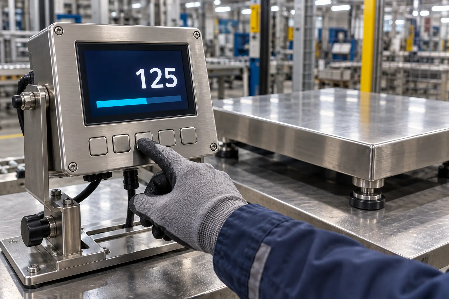 Gloved operator testing physical controls on an industrial weighing terminal