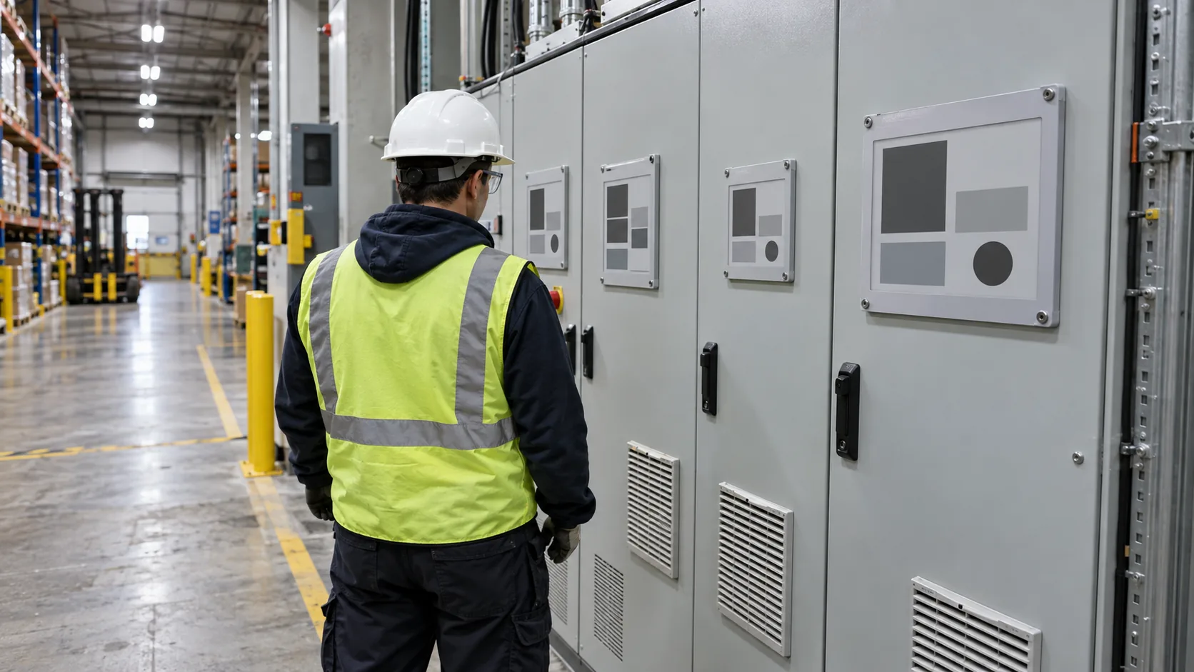 Technician reviewing e-paper display modules mounted on industrial electrical cabinets in a warehouse aisle