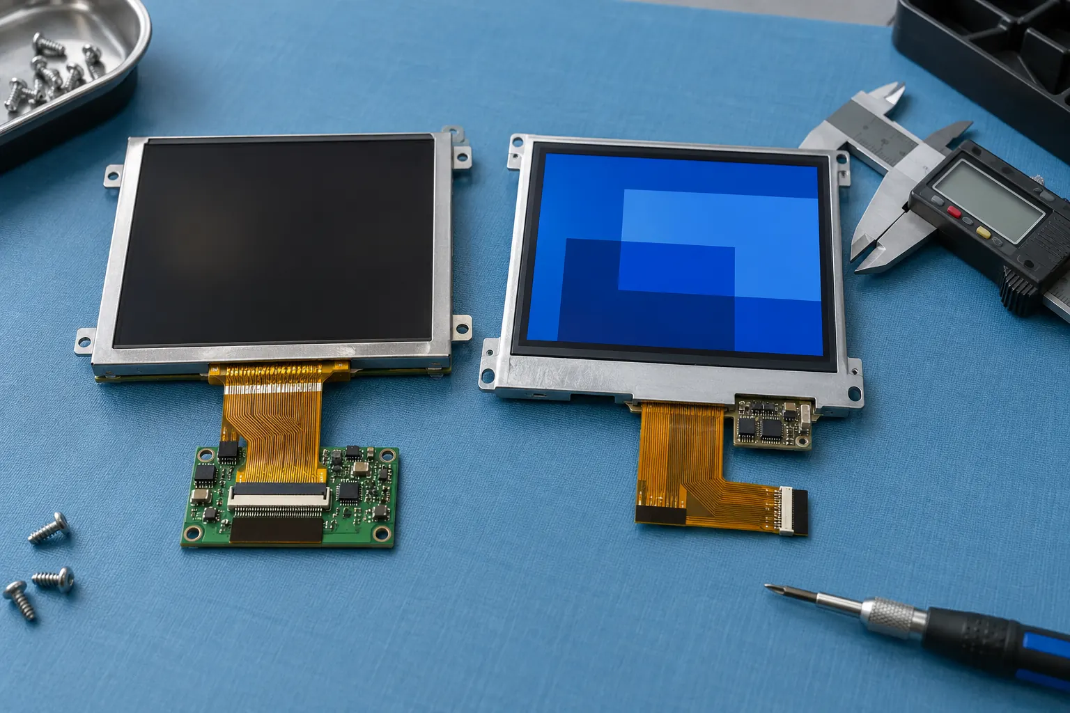 Two TFT modules with different mounting and connector arrangements