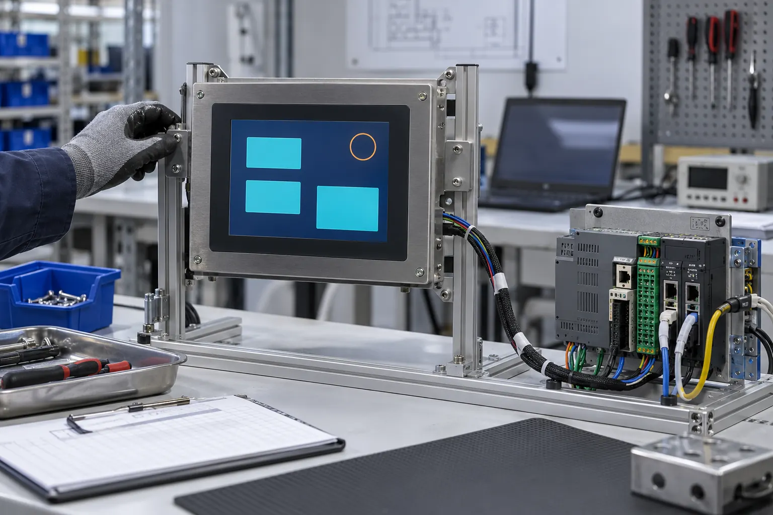 Industrial HMI assembly in an engineering validation fixture