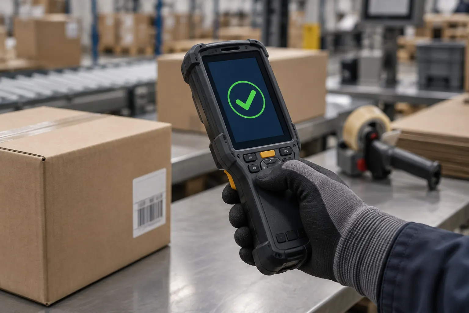 Gloved operator holding an industrial scanner at a packing station