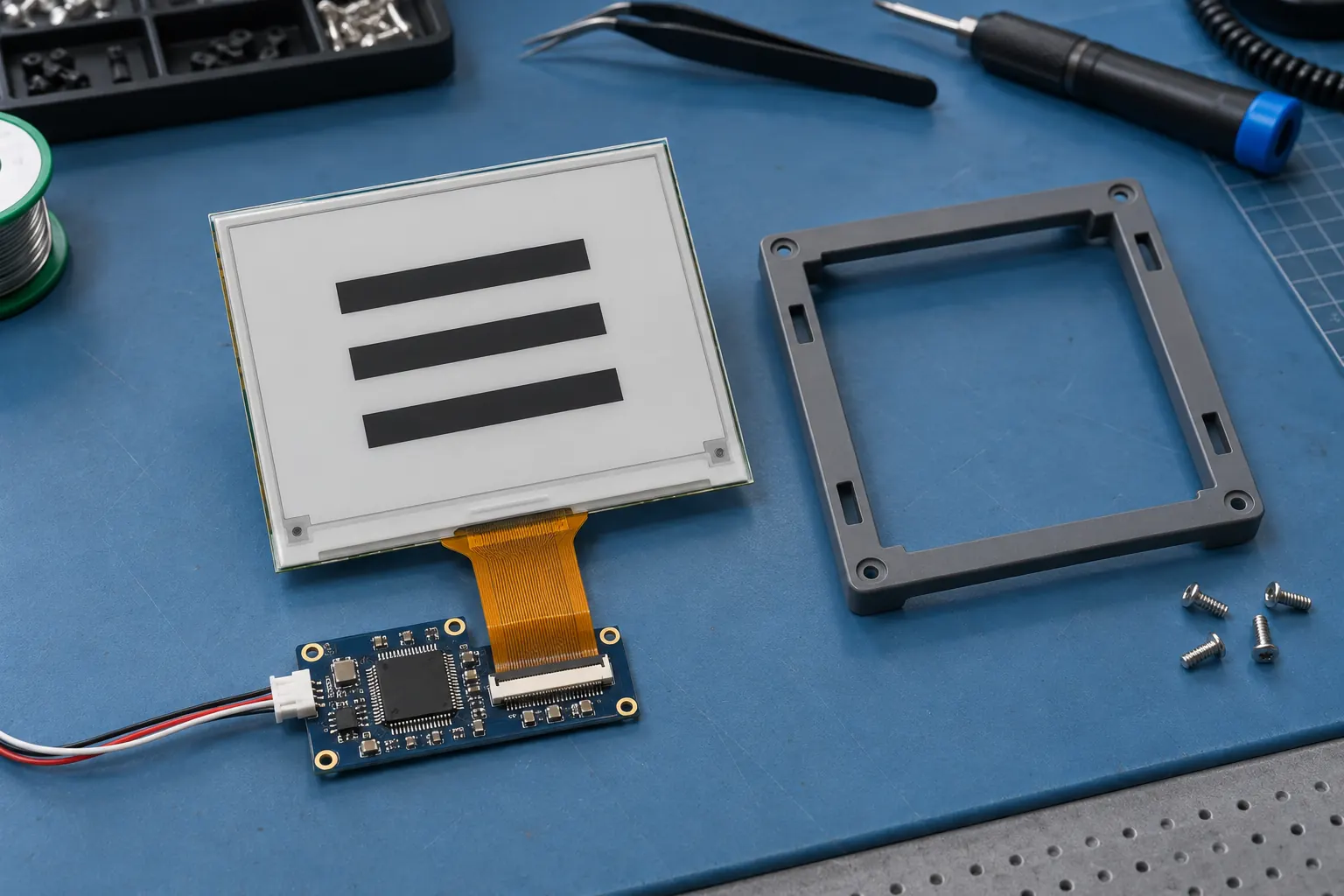 E-paper module, controller and mounting frame on an engineering bench