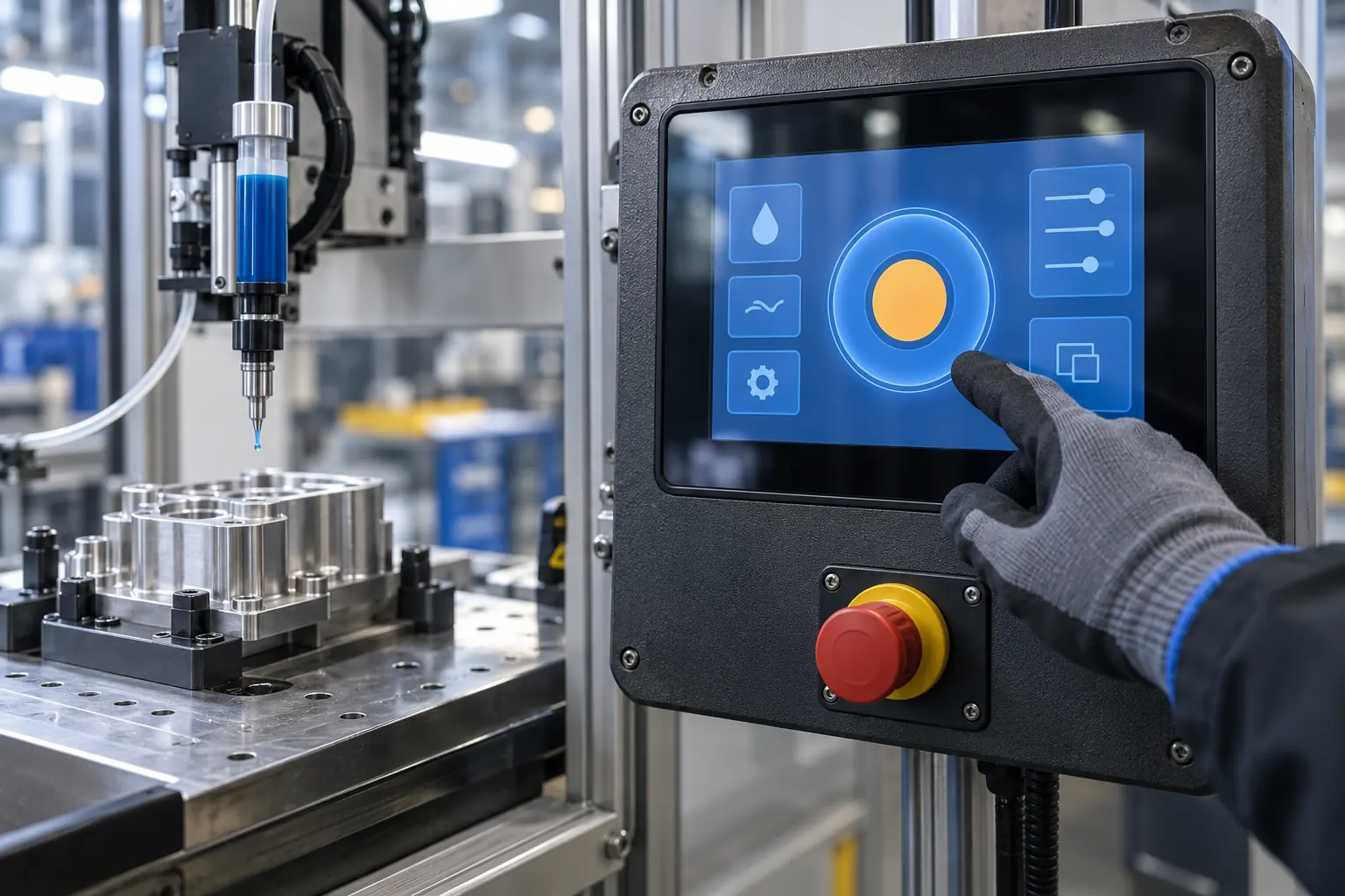 Gloved operator evaluating a dispensing machine touch panel