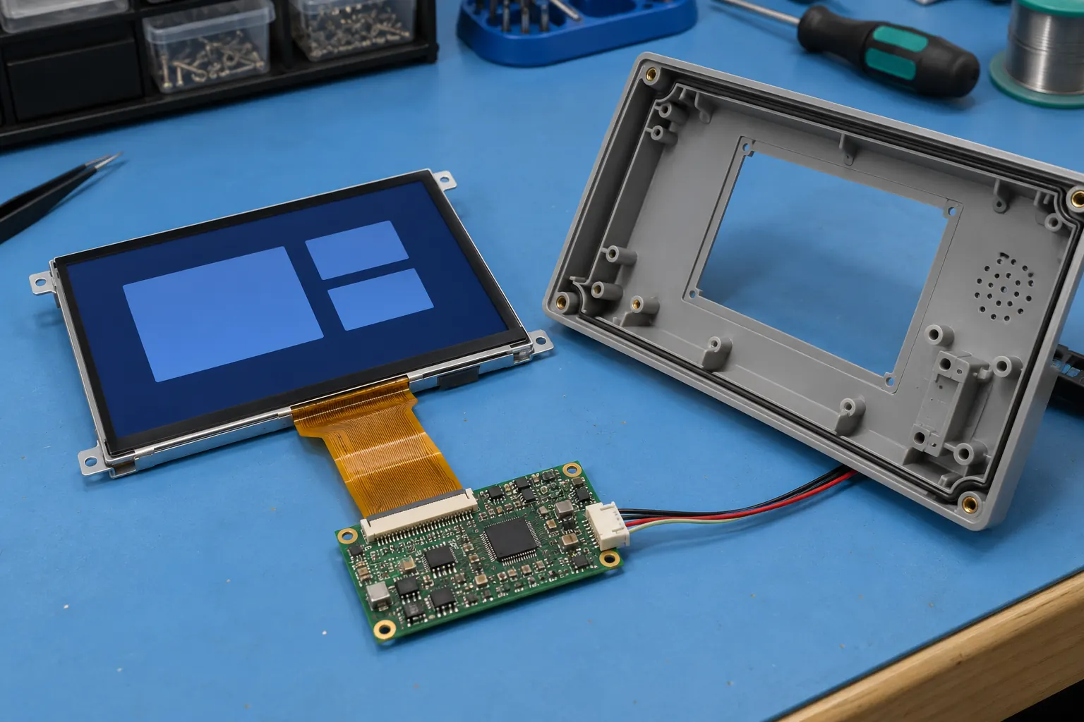 TFT display module and controller beside an open panel housing