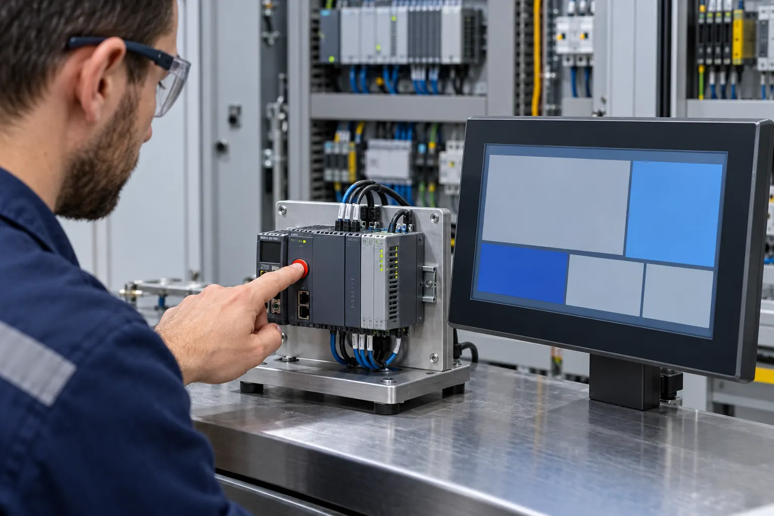 Technician checking controller reset behavior beside a TFT panel