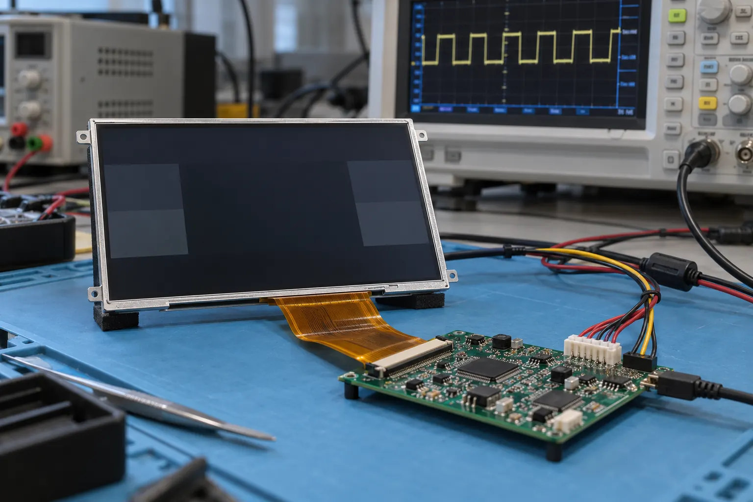 TFT module and controller beside an oscilloscope