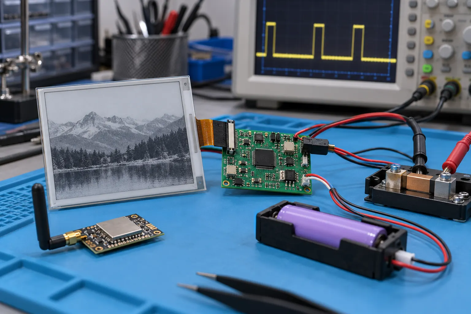 E-paper module and controller connected to a current measurement fixture
