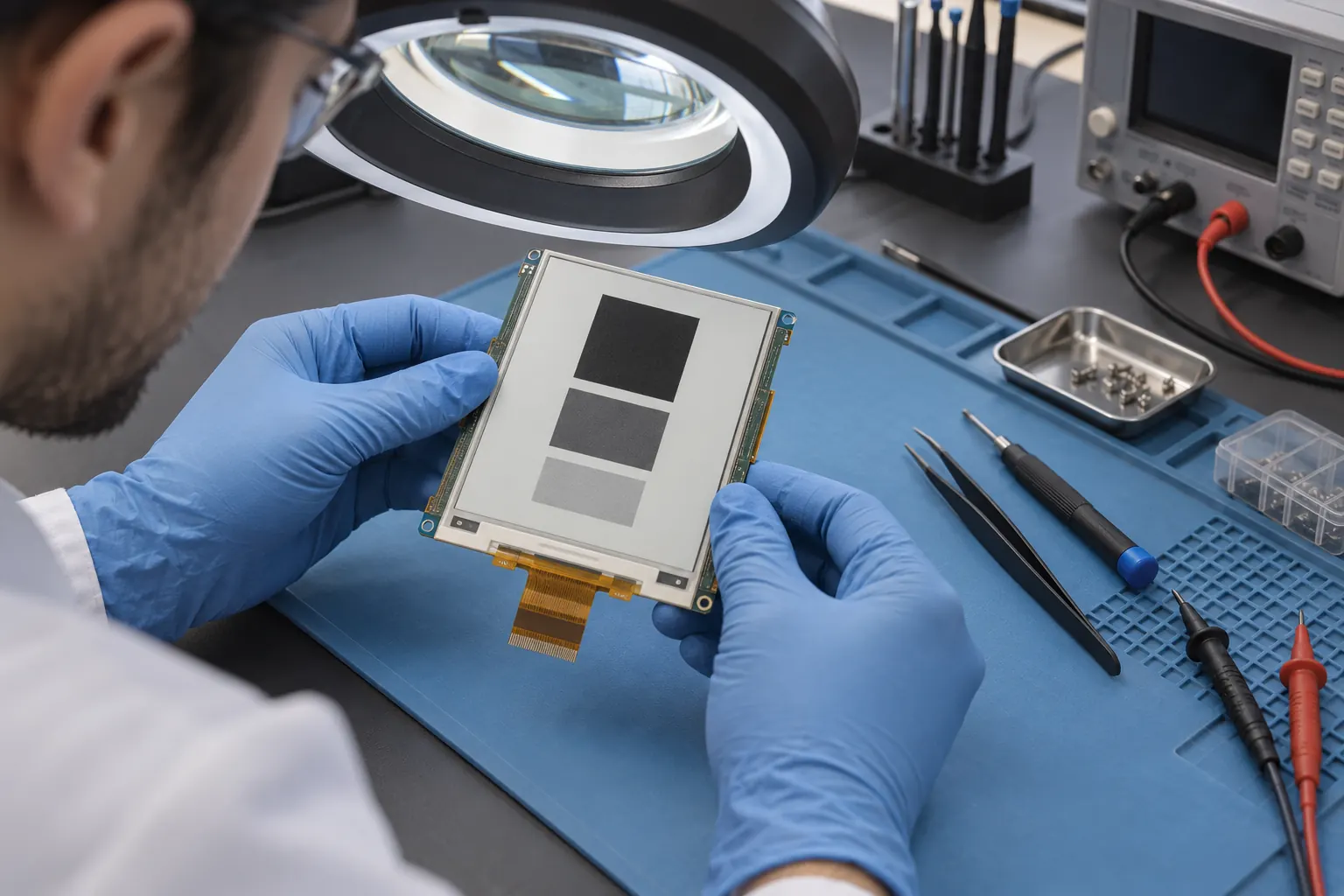 Technician evaluating an e-paper module under a magnifier