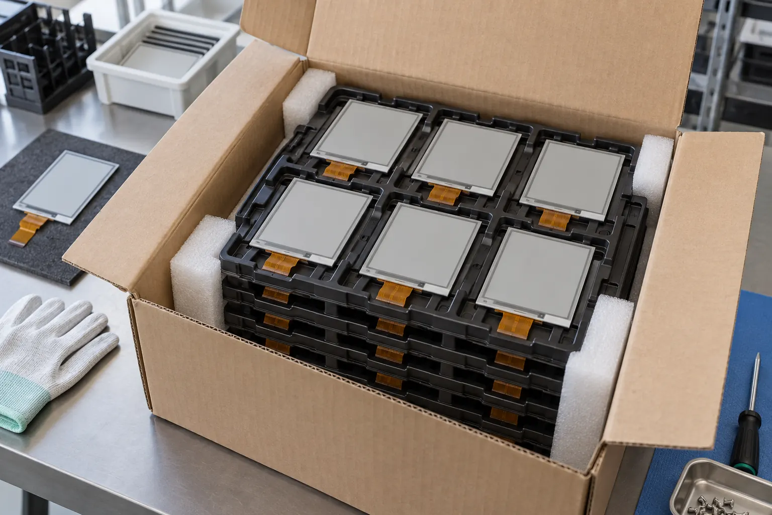 Protective trays of e-paper modules in a shipping carton
