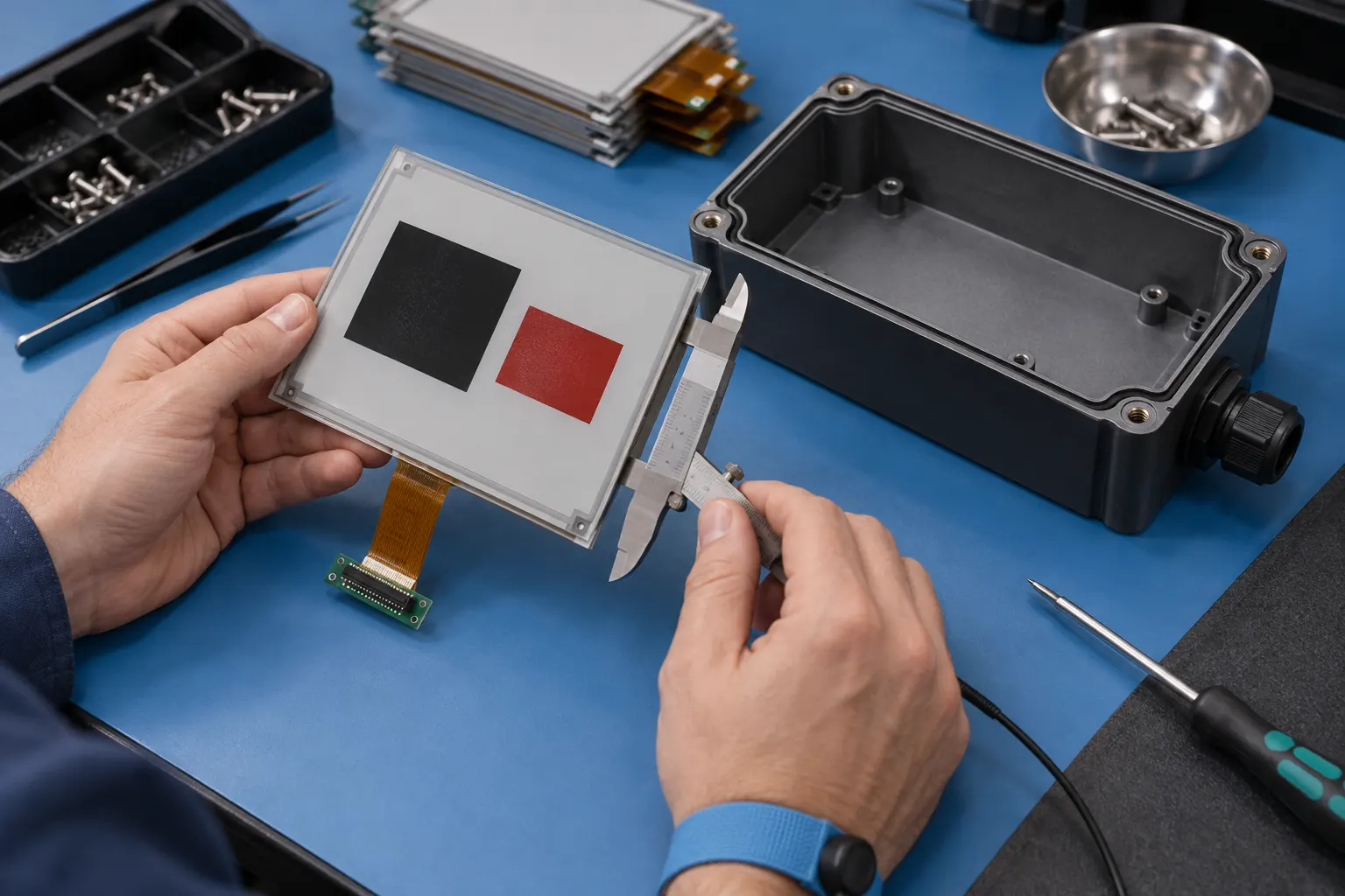 E-paper panel being measured beside an enclosure