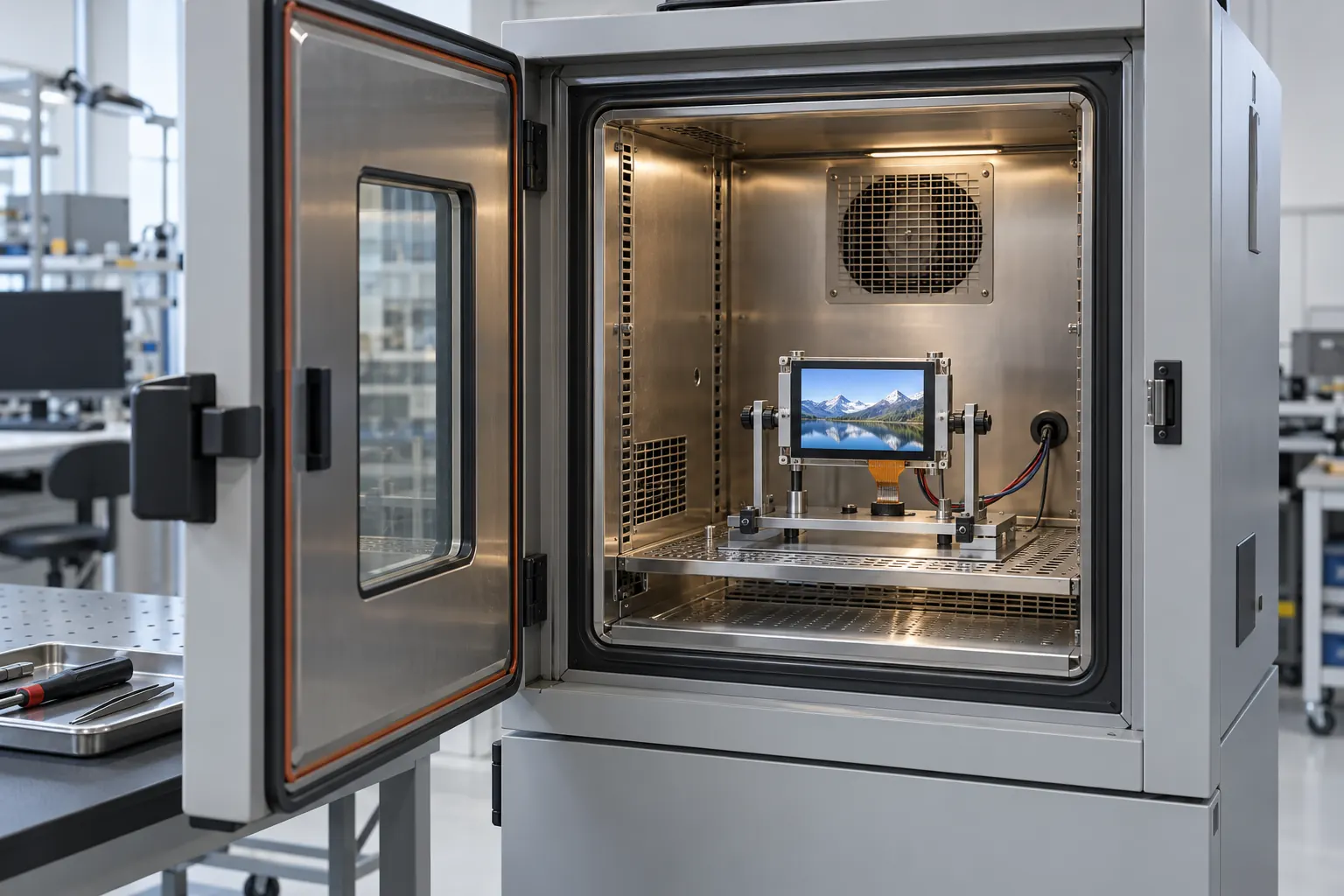 LCD module fixture inside an open environmental test chamber