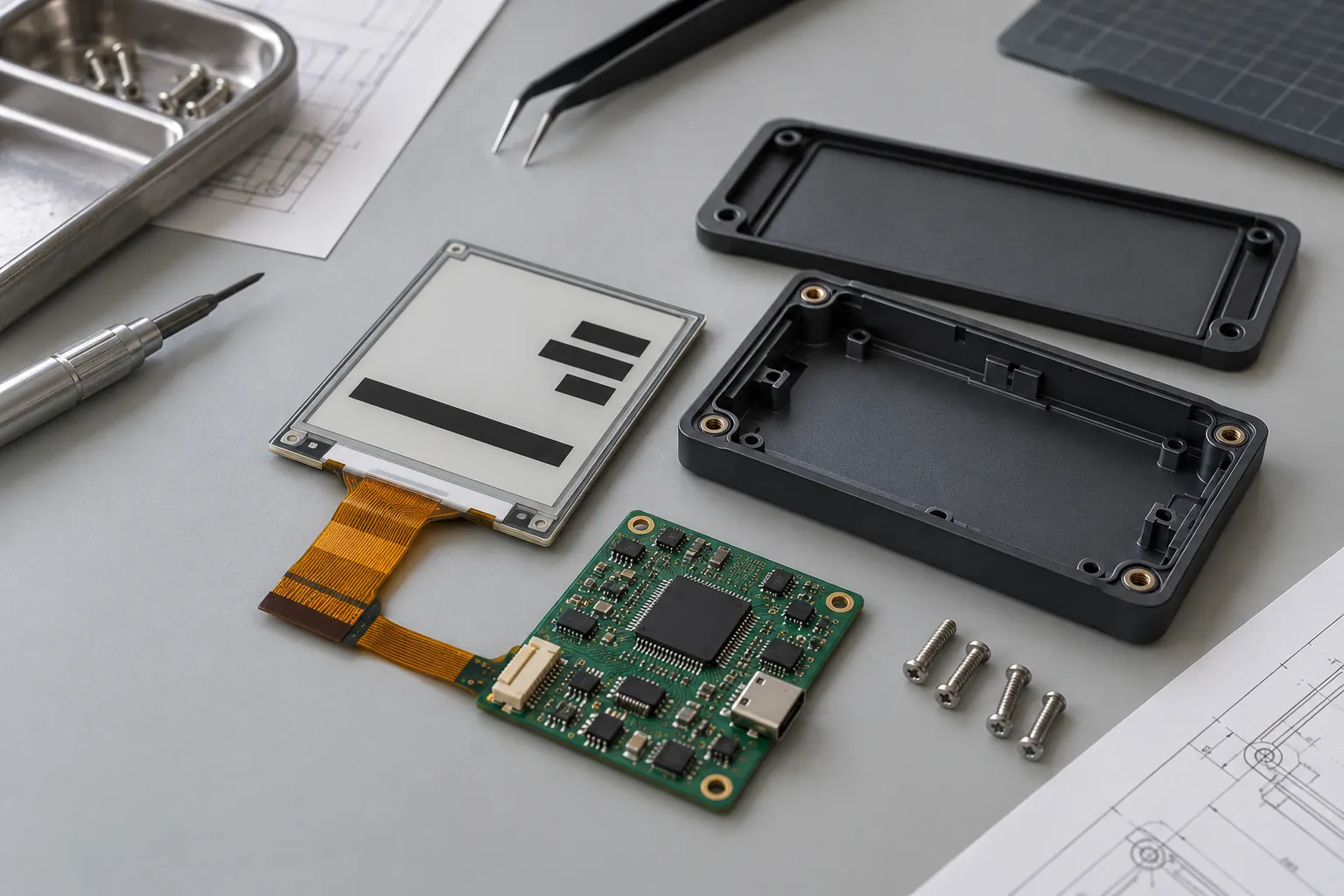 E-paper module and controller beside an open nameplate enclosure