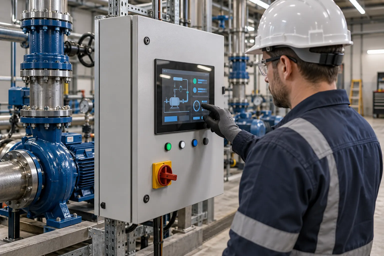Gloved technician evaluating a pump control panel