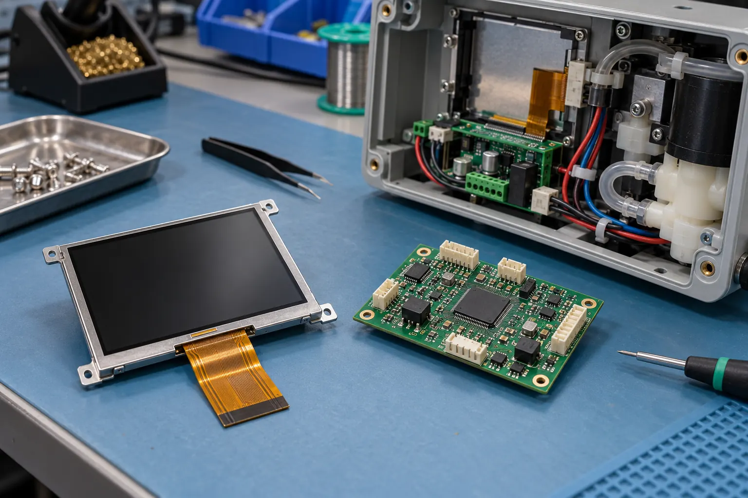 TFT module and controller board beside an open enclosure