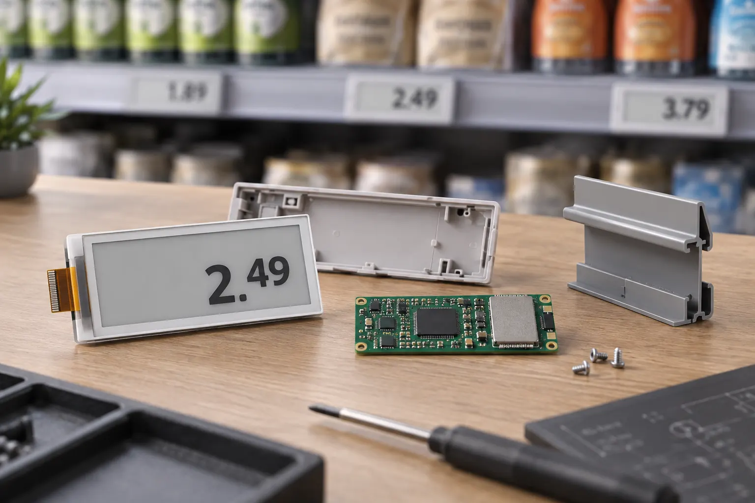 Electronic shelf label module, controller and rail mounting components