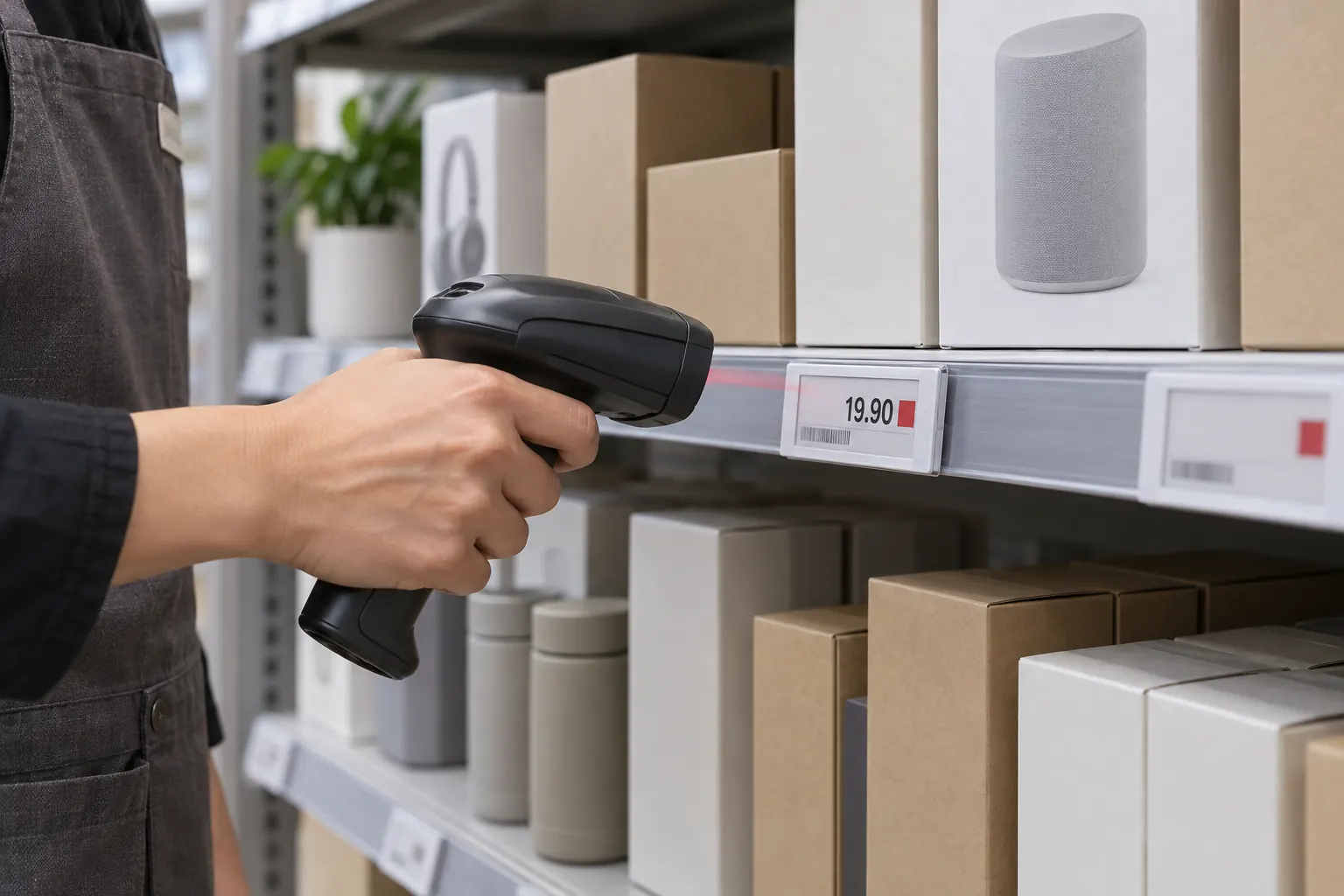 Store associate checking an electronic shelf label with a scanner