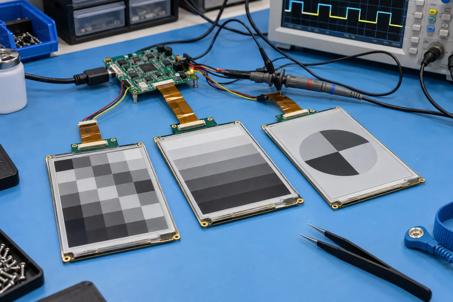 E-paper modules and controller board on an industrial validation bench