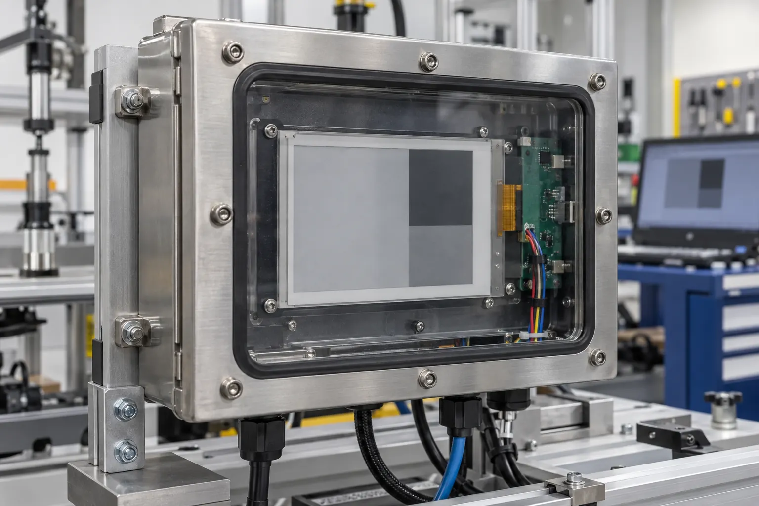 E-paper maintenance display inside a sealed industrial enclosure